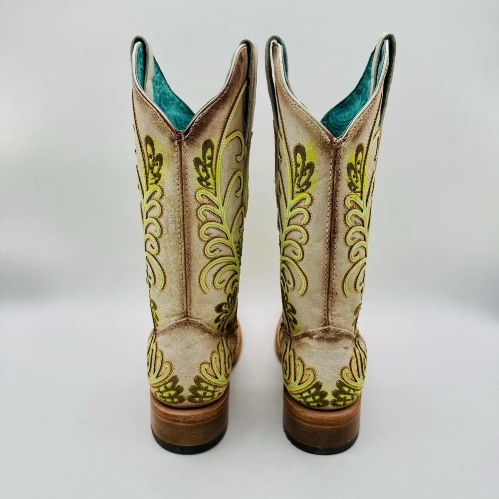 Corral Studded Boots Women's Size 6 M White Floral Green Leather Square Toe‎